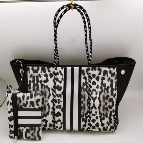 Grey/Black Leopard Neoprene Tote with Silver Stripe - Picture 1 of 1